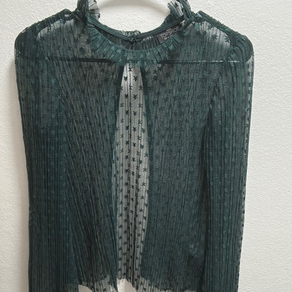 Topshop Green Pleated Sheer Long Sleeve Blouse